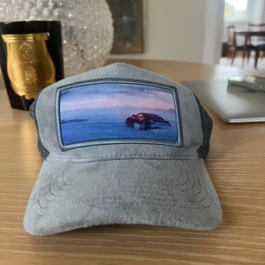 Revenite Keps Grå - Säljer en grå keps från Reversal med mjuk mockaliknande framsida och mesh baktill. Framtill finns ett broderat motiv av en bil på en landsväg i solnedgång. Justerbar storlek med plastspänne bak.