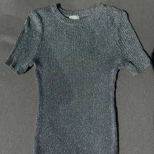 Glittrig ribbad topp från H&M - Säljer en glittrig silverfärgad ribbad topp från H&M. Toppen har korta ärmar och rund halsringning. Materialet är inte jättestretchigt och sitter figurnära. Storlek M men passar S också.