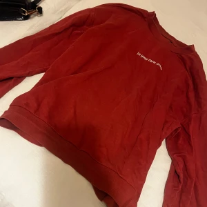 Röd sweatshirt - Säljer en röd sweatshirt från Bershka med texten 'be your own muse' tryckt på framsidan. Tröjan har långa ärmar och en rund halsringning. Perfekt för en avslappnad stil.