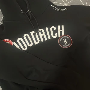 Hoodrich tröja  - Säljer en svart hoodie från Hoodrich med vit text på bröstet och en rund logga på sidan. Hoodien har en justerbar huva med snören och långa ärmar. Perfekt för en avslappnad stil. (passar strl S om man vill ha den lite mer lös)
