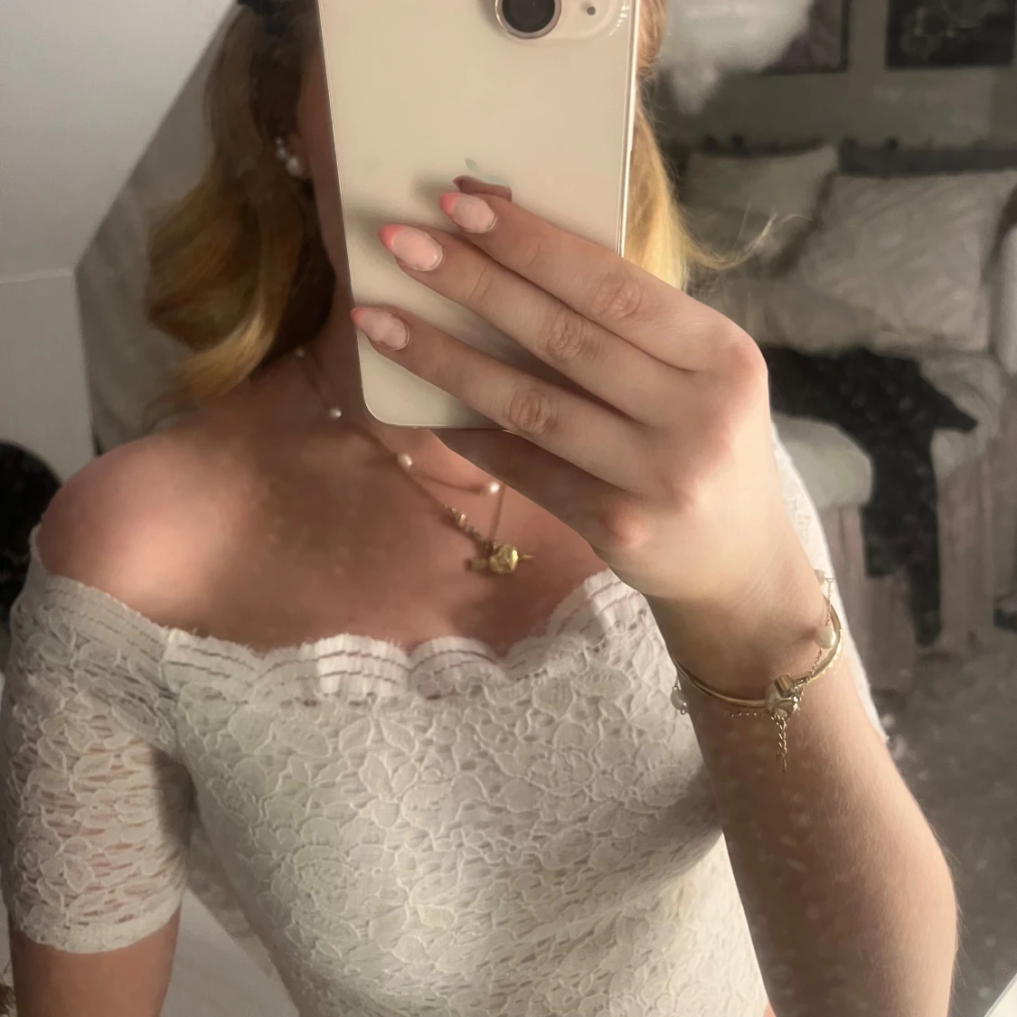 Vit offshoulder spets topp - 2