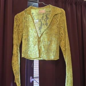 Grön spetsblus med knappar - Säljer en ljusgrön, transparent spetsblus med blommigt mönster. Blusen har långa ärmar, krage och två klädda knappar framtill. Perfekt för dig som vill sticka ut med en unik och trendig look.