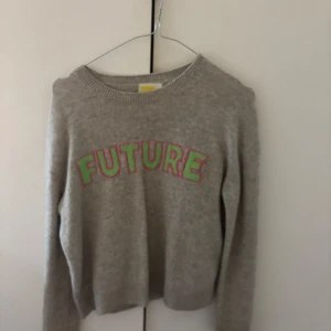 Grå cashmere tröja från  From Future - Grå stickad tröja från From Future med färgglatt FUTURE-tryck i grönt och rosa på bröstet. Knappt andvönd, fint skick och jätte fin inför våren 