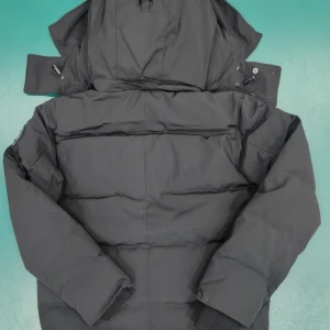 Svart dunjacka från Canada Goose - Säljer en svart dunjacka från Canada Goose med huva och hög krage. Jackan har dragkedja och knappar framtill samt en patch på ärmen. Perfekt för kalla dagar och har en klassisk, stilren look.