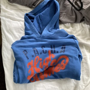 Blå hoodie från Pacha Ibiza M - Blå hoodie från Pacha Ibiza med trycket 'P.A.C.H.A High Times' i orange och mörkblått framtill. Tröjan har huva och är tillverkad i mjukt material, perfekt för chill dagar. Klassisk passform med långa ärmar och skön känsla.