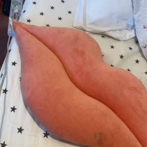 Kudde - Bilderna visar en stor, rosa kudde formad som läppar med några synliga fläckar. 
