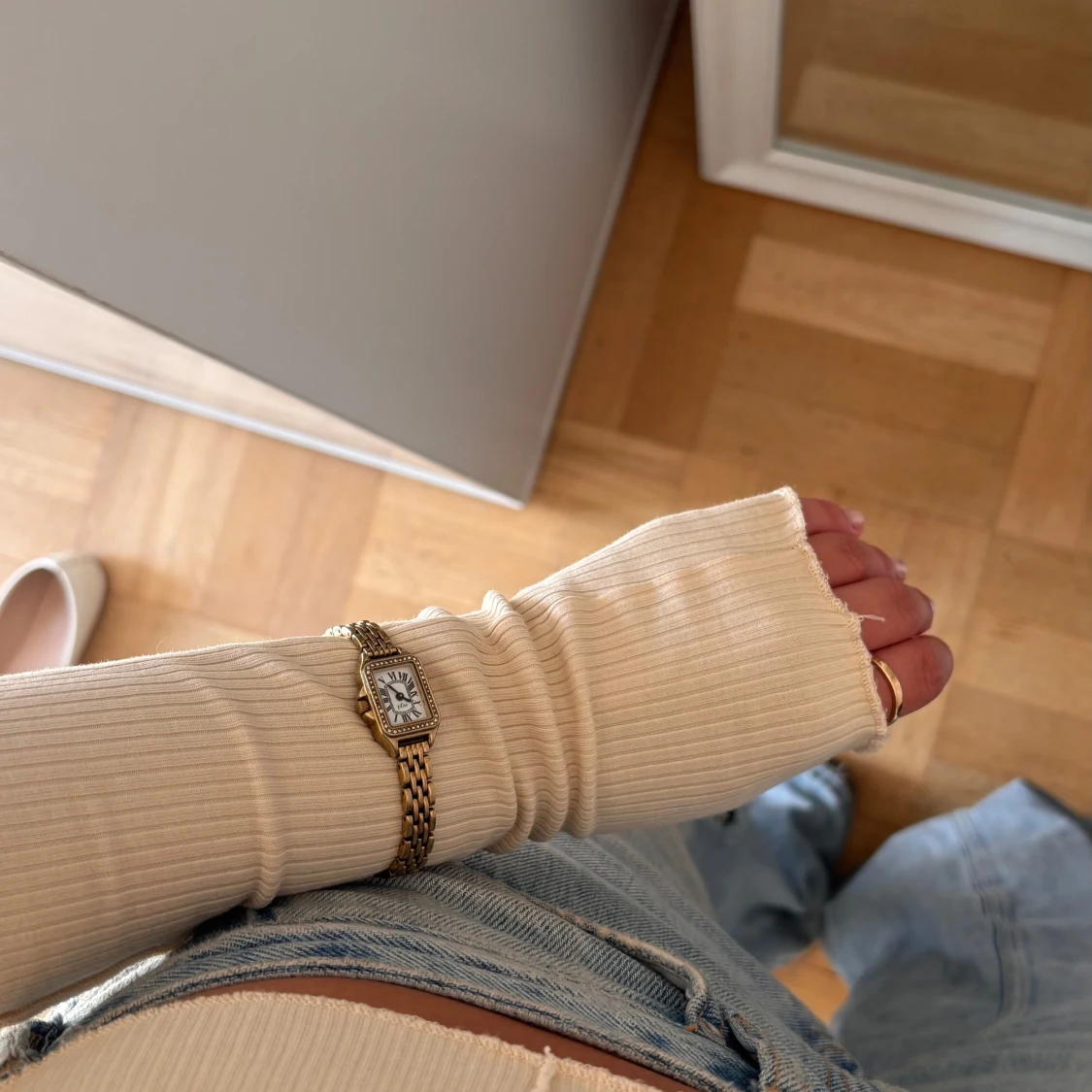 Beige ribbad offshoulder topp - 2