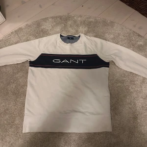 Vit sweatshirt från GANT med logga - Säljer en vit långärmad sweatshirt från GANT med en mörkblå panel och broderad logga över bröstet. Tröjan har rund halsringning och klassisk passform. Perfekt för en stilren och avslappnad look.