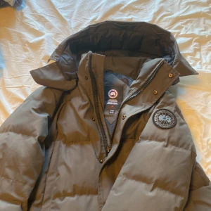 Ljusgrå dunjacka från Canada Goose - Säljer en ljusgrå dunjacka från Canada Goose med hög krage och huva. Jackan har lång ärm, dragkedja och tryckknappar framtill samt klassisk patch på ärmen(black label). Perfekt för kalla dagar och riktigt varm. Utan päls eller dust bag. Pris kan diskuteras.