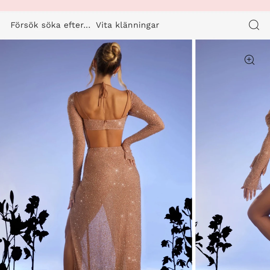 Glittrig långklänning med slits . - 1