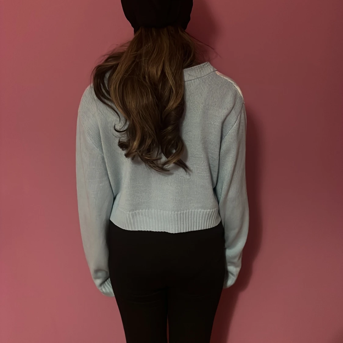 Ljusblå rutig croppad stickad väst - 3