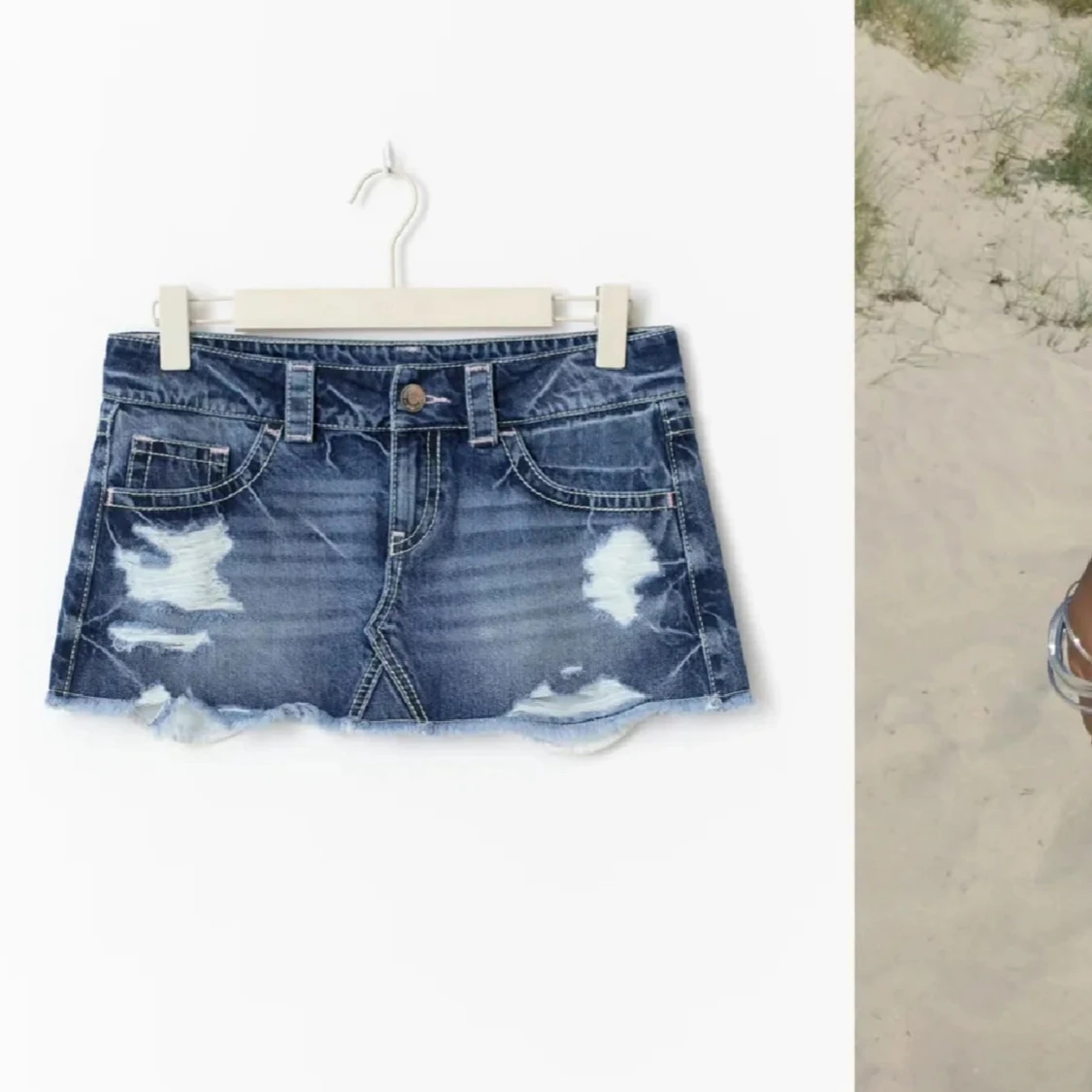 Blå jeanskjol med slitningar