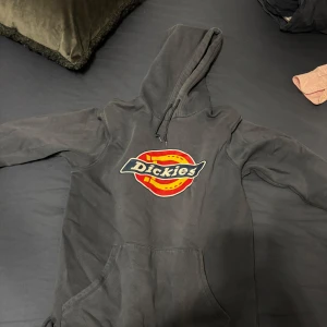 Blå Dickies hoodie med logga - Säljer en blå hoodie från Dickies med stor färgglad logga på bröstet. Tröjan har huva med snörning och en klassisk känguruficka framtill. Perfekt för dig som gillar streetwear och vill ha en skön och stilren tröja.