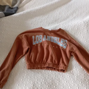 Croppad brun sweatshirt Los Angeles Lindex - Säljer en croppad brun sweatshirt från Lindex med trycket 'Los Angeles California' i vitt och blått på framsidan. Tröjan har långa ärmar, resår i midjan och är i mjuk bomull. Baksidan har flera autografer. Perfekt för dig som gillar streetstyle!