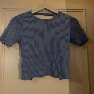 Blå ribbad topp med knyt - Säljer en blå ribbad topp med korta ärmar och knytning i ryggen. Perfekt för en stilren och bekväm look.