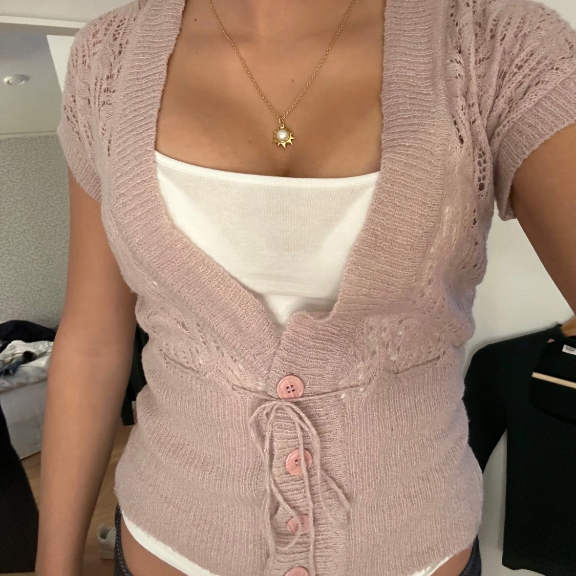 Rosa kortärmad kofta med knytning - 1