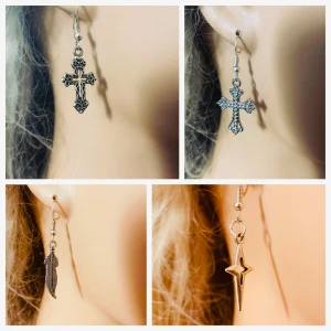 By prisförslag - 1 st valfritt örhänge -  fyra par örhängen med olika motiv: två med kors, ett med en fjäder och ett med en stjärnform. Korsen har detaljerade mönster och ett par är glittriga. Perfekta för att ge en unik touch till din stil. Gäller 1 st 