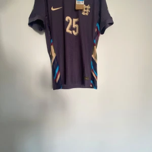 Lila fotbollströja med nummer 25 - Säljer en lila fotbollströja från Nike med korta ärmar och nummer 25 i guld på framsidan. Tröjan har färgglada detaljer på sidorna och ett märke på ärmen. Perfekt för fotbollsfans! Stl M passar S