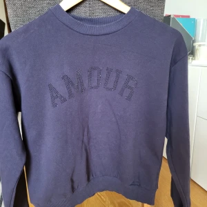 Mörkblå sweatshirt från Gina Tricot - Mörkblå sweatshirt från Gina Tricot med texten 'AMOUR' i små svarta nitar framtill. Tröjan har rund hals, ribbade muddar och är långärmad. Perfekt för dig som gillar en enkel men snygg look.