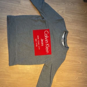 Grå Calvin Klein sweatshirt med röd logga - Snygg grå sweatshirt från Calvin Klein Jeans med stor röd logga framtill. Tröjan har rund halsringning och långa ärmar. Perfekt för dig som gillar stilren streetwear med tydlig branding.