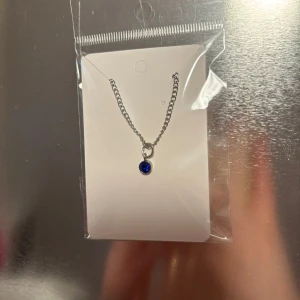 Silverfärgat halsband med blå sten - Elegant silverfärgat halsband med en vacker blå sten som hänge. Perfekt för att lägga till en touch av färg och stil till din outfit. Kedjan är tunn och smidig, vilket gör den bekväm att bära. (Billigt material) 