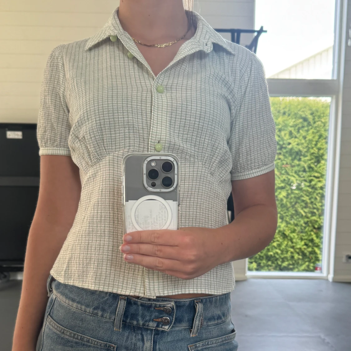 Vit och grön rutig blus - 1