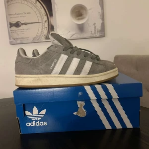 Grå Adidas Campus sneakers - Snygga grå Adidas Campus sneakers med klassiska vita ränder och snörning. Skorna har en rund tå och är perfekta för en avslappnad stil. De kommer i originalkartong.