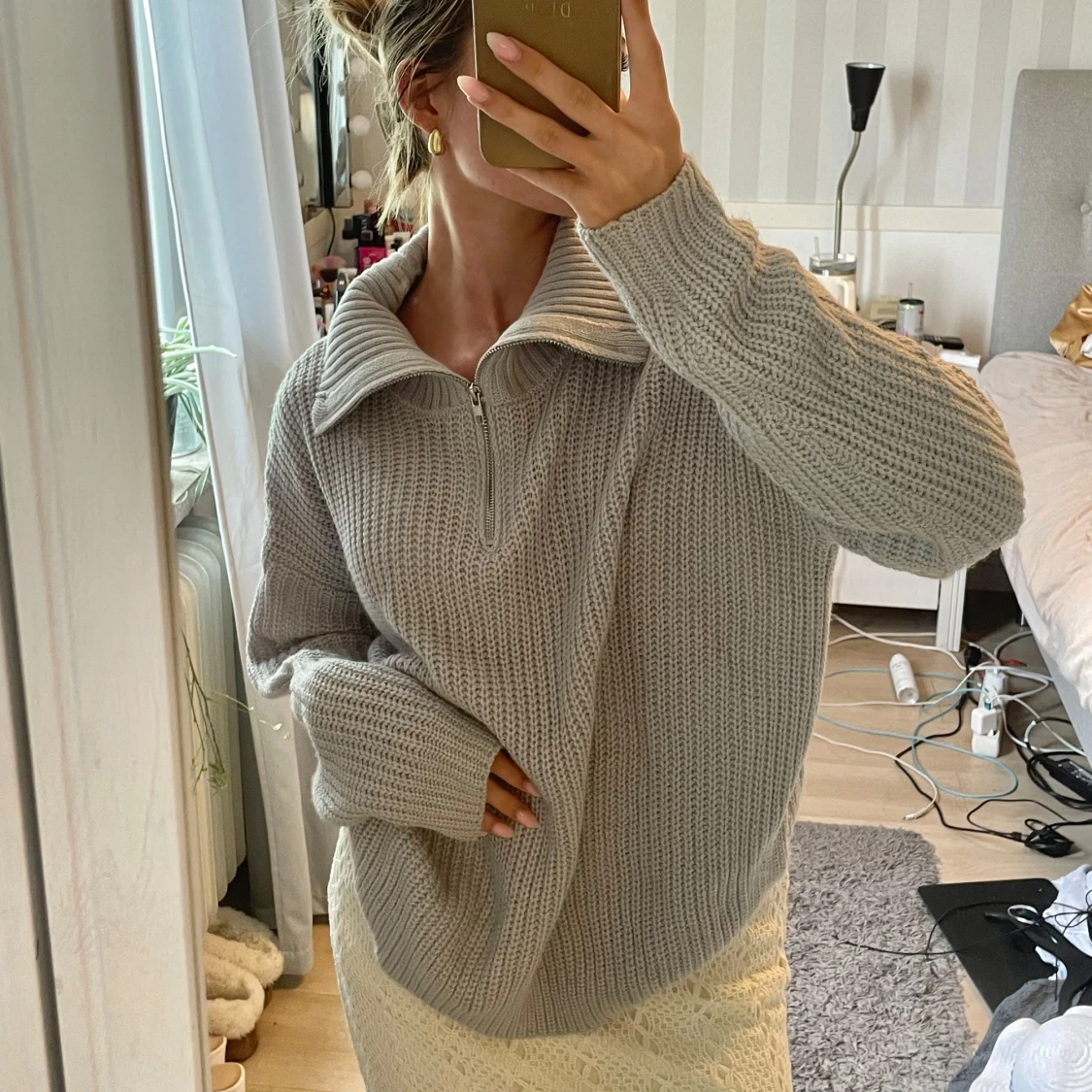 Ljusgrå stickad half zip tröja - 2