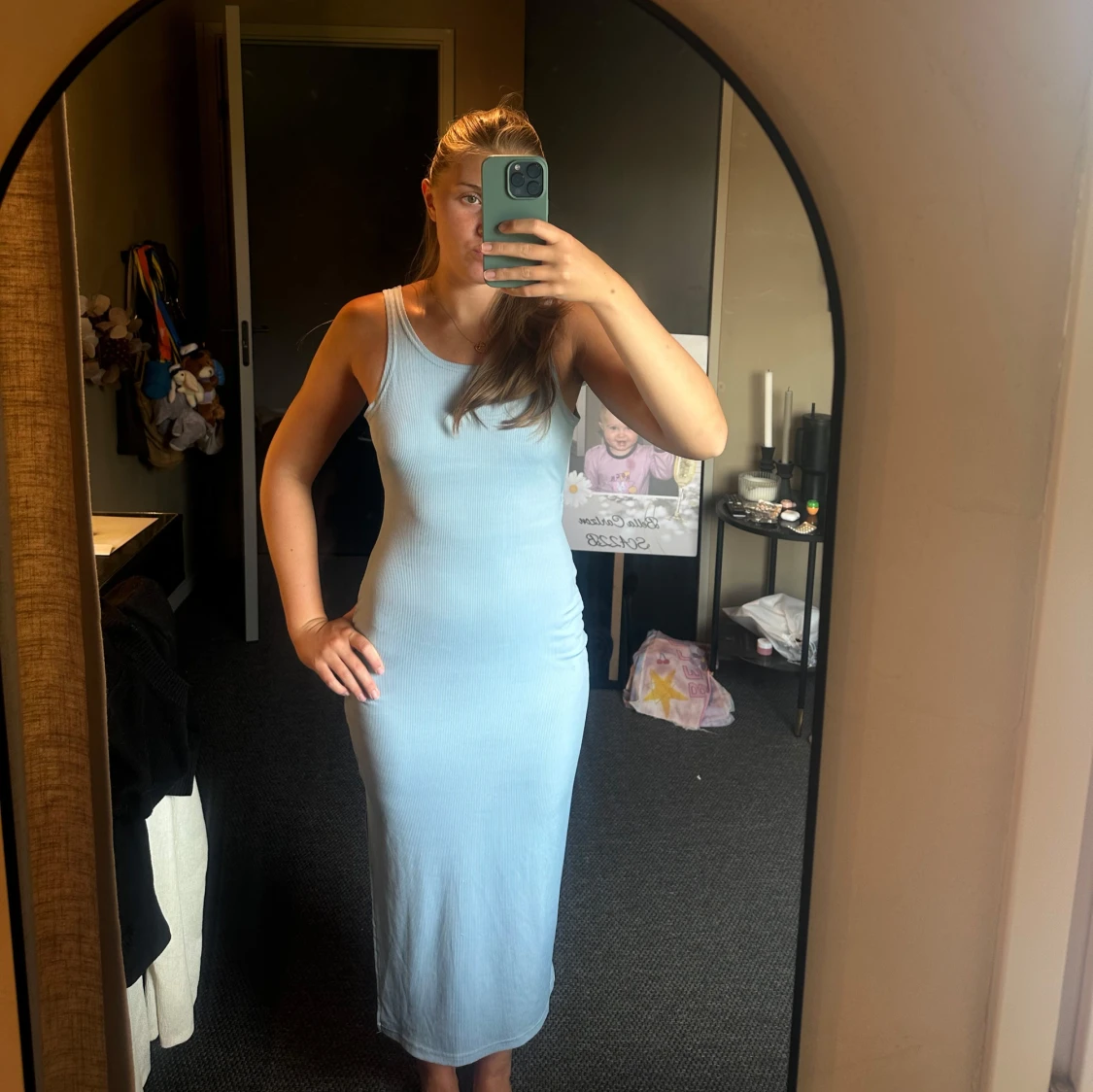 Ljusblå ribbad långklänning