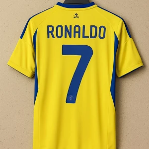 Al Nassr Ronaldo 7 matchtröja gul/blå - Gul och blå fotbollströja från Al Nassr med Ronaldo och nummer 7 på ryggen. Tröjan har korta ärmar, blå detaljer längs sidorna och axlarna samt klubbmärke och sponsortryck framtill. Tillverkad i lätt och ventilerande material, perfekt för fotbollsplanen.