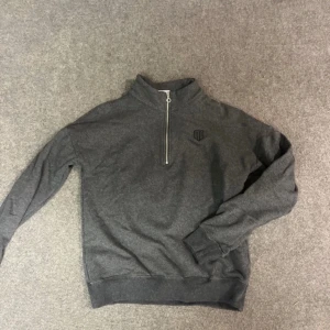 Grå half zip-tröja Maya Delorez - Mörkgrå långärmad tröja från Maya Delorez med broderad logga på bröstet och stor text på ryggen. Tröjan har en snygg half zip-dragkedja och är gjord i mjuk bomullsmix. Perfekt för dig som gillar stilren och sportig look. Ny pris 999