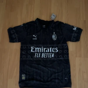 AC Milan x Puma svart matchtröja S - AC Milan fotbollströja i svart från Puma, officiell matchtröja med tryckta loggor och sponsorer som Emirates och Wefox. Tröjan har korta ärmar, diskret mönster och klassisk krage. Materialet är lätt och andas, perfekt för fotboll eller streetwear.