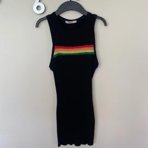Svart ribbad kortklänning Pull&Bear - Svart ribbad kortklänning från Pull&Bear med ärmlös design och färgglada ränder i rött, gult och grönt över bröstet. Tight passform och rund halsringning. Använd 1 gång.