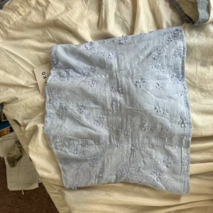 Ljusblå broderad tubtopp från NA-KD - Supersöt ljusblå tubtopp från NA-KD med broderade blommor och smock baktill för extra komfort. Toppen har en diskret dragkedja i sidan som jag inte kan få upp. En bra topp att köpa om man vill sy ihop dragkedjan. Den är helt ny, storlek 40 med prislapp. 