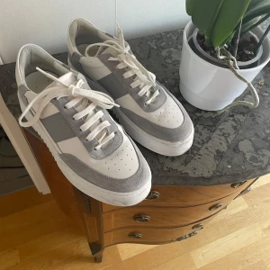 Grå och vita sneakers från Axel Arigato - Snygga sneakers från Axel Arigato i en stilren kombination av grått och vitt. Skorna har en klassisk design med snörning och är tillverkade i en mix av skinn och mocka. Perfekta för en avslappnad och trendig look. Obs! Använt fåtal gånger