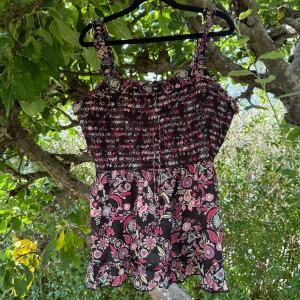 Blommig linnetopp från Odd Molly - Supersöt linnetopp från Odd Molly med blommigt mönster i svart, rosa och turkos. Toppen har smockad överdel, volangkant nedtill och breda axelband. Perfekt för varma dagar och har en bohemisk vibe. Materialet är mjukt och lätt bomull. Storlek 4 som enligt deras storleksguide motsvarar en storlek XL. Men den är liten i storlek. Kanske mer en L.  Mycket fint skick, jag hittar inga synliga anmärkningar eller defekter.