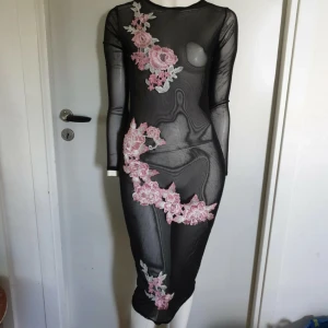 Svart meshklänning med rosa blommor - Säljer en svart, transparent meshklänning med lång ärm och tight passform. Klänningen har broderade blommor i rosa och silver på framsidan, vilket ger en riktigt snygg och unik look. Perfekt för dig som vill sticka ut och gillar detaljer. Långklänning med blommigt mönster.