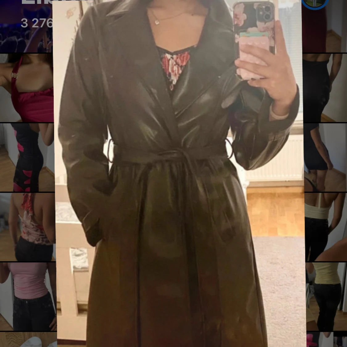 Svart lång skinn trenchcoat med bälte