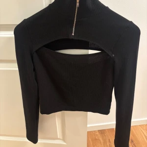 Svart ribbad croppad topp Divided - Svart långärmad croppad topp från Divided, H&M. Toppen är ribbad med en cool cut out-detalj över bröstet och har en halv dragkedja vid kragen. Perfekt för dig som vill sticka ut med en edgy vibe.(orginalpris: 200)