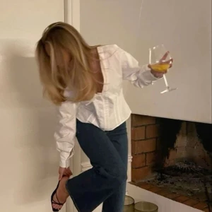 Vit v-ringad blus med pressveck - Vit v-ringad blus med pressveck från Zara i storlek S. Första bilden är från @filippzorz, andra bilden från Zaras hemsida.