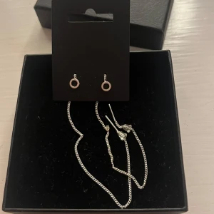 Silverörhängen och halsband Pilgrim - Snyggt set från Pilgrim med minimalistiska örhängen i silverfärgad metall, formade som små cirklar. Tillhörande halsband med tunn kedja i matchande silverton. Nytt skick!