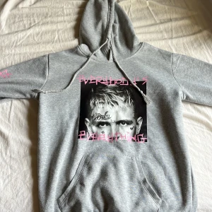 Grå hoodie med Lil Peep-tryck - En fin grå joodie med Lil peep på både framsidan och baksidan, aldrig använt :) den är storlek S och passar bra i längden för folk som är 160 cm. det står även everybody’s everything på framsidan och på armarna.
