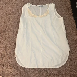 Vit ärmlös blus med spetsdetalj - Säljer en söt vit blus med rundad nederkant och vacker spetsdetalj vid halsringningen. Blusen är ärmlös och har en lätt och luftig känsla, perfekt för varma dagar.