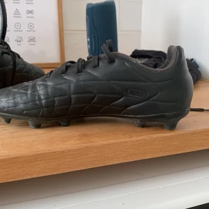 Svarta fotbollskor från adidas 38 - Säljer ett par svarta fotbollsskor från Adidas med klassisk design och snörning. Skorna har en låg profil och är perfekta för spel på gräsplaner. De har en stilren look med diskreta ränder på sidan.