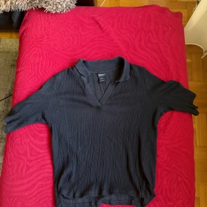 Svart ribbad topp från Lindex - Svart ribbad topp från Lindex med korta ärmar och v-ringning. Toppen har en mjuk krage och är tillverkad i ett stretchigt material som sitter snyggt på kroppen. Perfekt att styla med jeans eller kjol för en clean look.