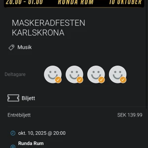 Maskeradfesten Karlskrona - Köpt för 172 inklusive avgift, säljs för 100kr. Kan delas via mobil direkt.