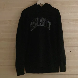 Svart Carhartt hoodie med tryck - Svart hoodie från Carhartt med stort broderat logotyp-tryck i vitt och blått över bröstet. Klassisk modell med huva och långa ärmar, perfekt för en chill och avslappnad stil. Riktigt nice material och skön på huden. Varm och bra nu inför vintern!