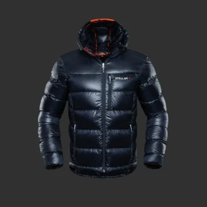 Svart dunjacka från Stellar EQ - Snygg svart dunjacka från Stellar EQ med glansig finish och orange detaljer i huvan. Jackan har huva, två sidofickor med dragkedja och en bröstficka. Perfekt för kalla dagar med sin puffiga design och stilrena look.