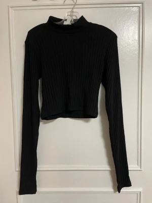 Svart ribbad croppad topp H&M XS - Svart croppad polotopp från H&M i storlek XS. Toppen är ribbad och har långa ärmar samt en hög krage. Tillverkad i mjuk stretchig mix av polyester, viskos och elastan. Perfekt till jeans eller kjol för en clean look.