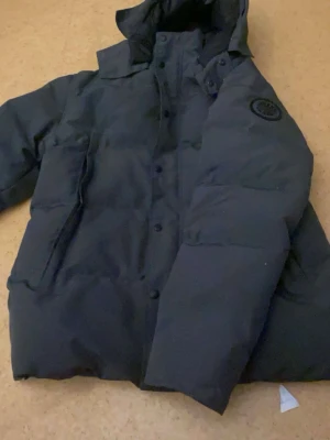 Grå dunjacka från Canada Goose - Säljer en grå dunjacka från Canada Goose med huva och snyggt märke på ärmen. Jackan har knappar framtill, två stora fickor och quiltad design som ger extra värme. Perfekt för kalla vinterdagar och riktigt stilren look.